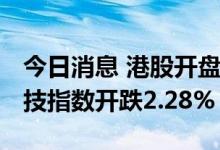 今日消息 港股开盘：恒指开跌1.31% 恒生科技指数开跌2.28%
