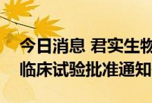 今日消息 君实生物：注射用JS203获得药物临床试验批准通知书
