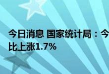 今日消息 国家统计局：今年上半年全国居民消费价格 CPI同比上涨1.7%