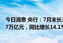 今日消息 央行：7月末长三角地区本外币各项贷款余额54.77万亿元，同比增长14.1%