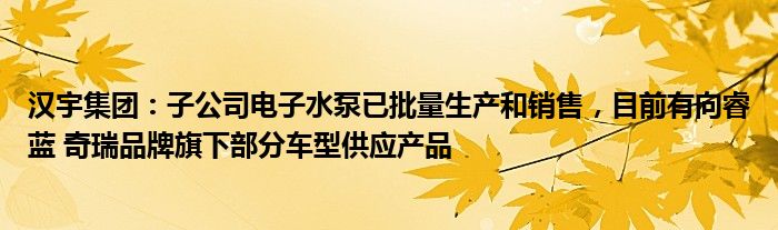 汉宇集团：子公司电子水泵已批量生产和销售，目前有向睿蓝 奇瑞品牌旗下部分车型供应产品